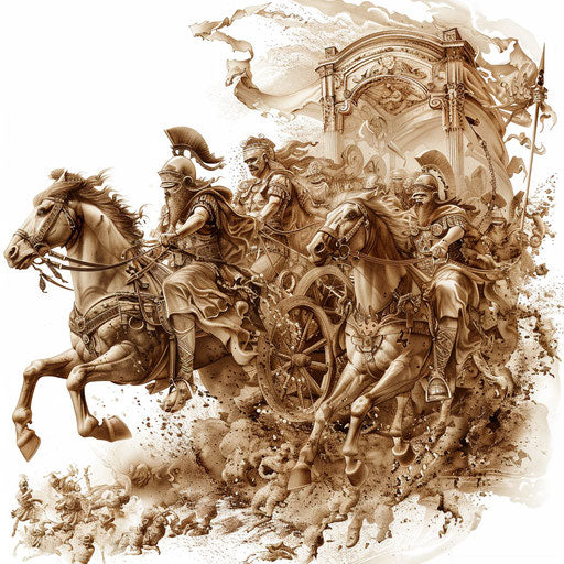 Elaborate tattoo of Roman chariot race in sepia on white