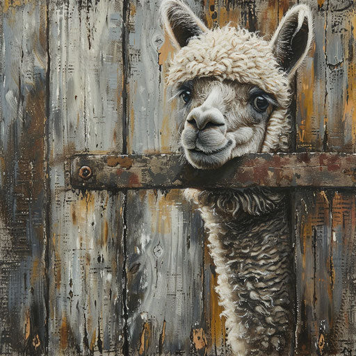 Curious alpaca behind a rustic wooden fence