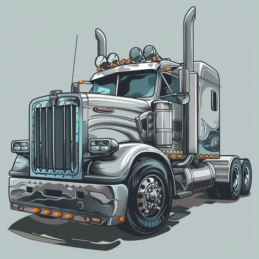 Flat industrial clipart style tattoo sketch of a truck with steel gray tones and mechanical elements