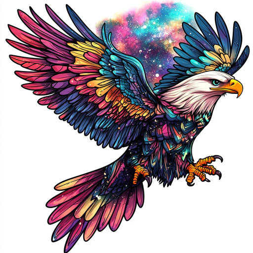 Flat eagle tattoo with cosmic nebula effect on pure white background