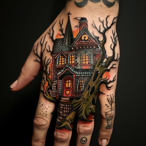 Hand tattoo designs of a haunted house