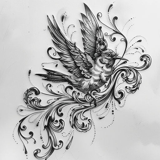 Baroque inspired swallow tattoo on white canvas