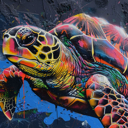 A colorful graffiti-style turtle on a city wall
