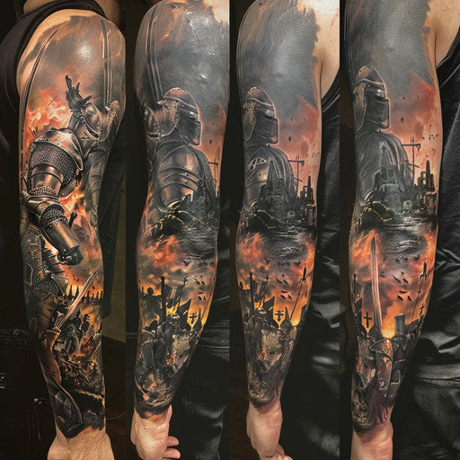 Medieval knight sleeve tattoo in the style of Adrian Smith