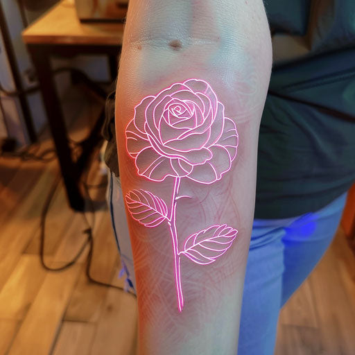 Modern flat tattoo sketch of a rose with neon outlines and glowing effects