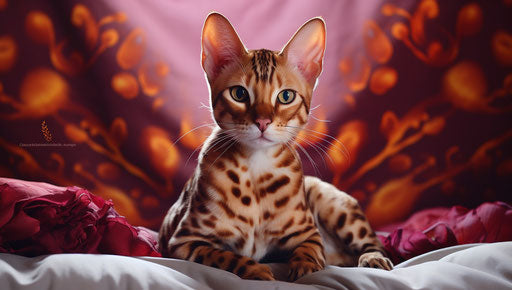 Bengal cat sitting on a bed looking into the camera