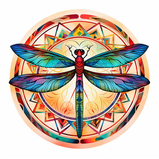 Colorful dragonfly design with Indian inlay on white background