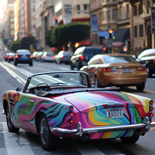 Convertible Aston Martin DB6 with bright psychedelic paint cruising the streets of San Francisco in the '60s.