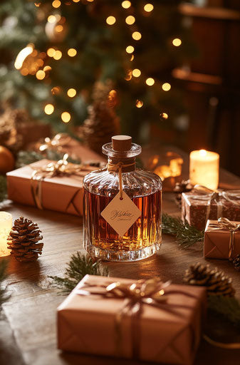 Whiskey bottle with gift tag surrounded by Christmas presents