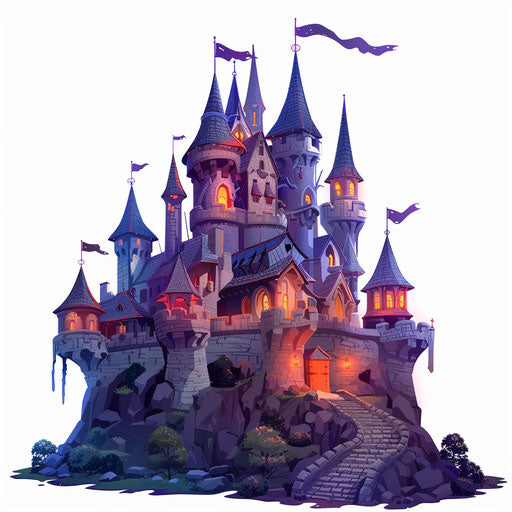 Castle illustration in photo realistic style with a flat random background, high contrast and saturated hues
