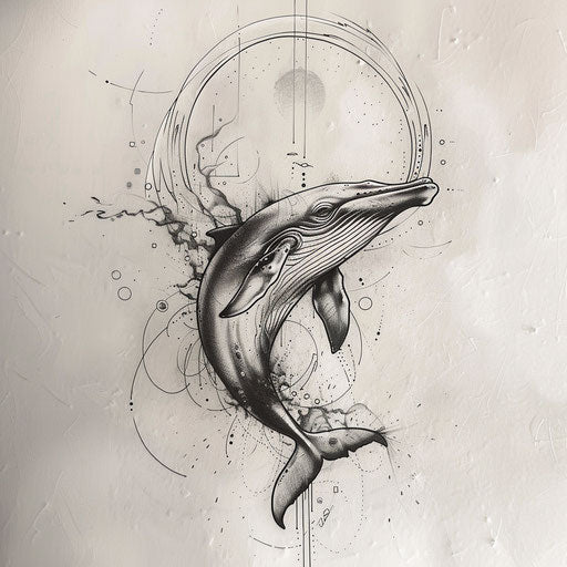 Ethereal tattoo sketch of a whale in a dreamy seascape
