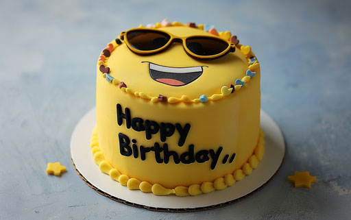 Emoji cake with sunglasses and text 'Happy Birthday,' decorated in yellow for World Smile Day!