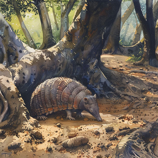 A armadillo digging beneath ancient trees