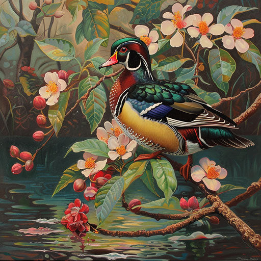Vibrant wood duck on a flowering branch over peaceful creek.