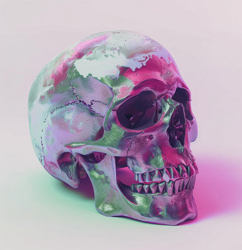 Green and purple skull on white background, text and emoji style