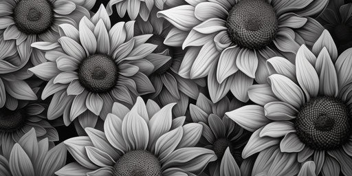 Black and white sunflower pattern, graphite realism style