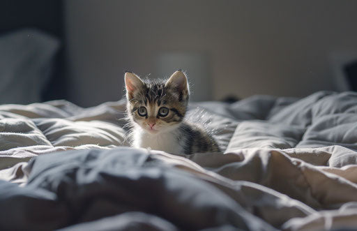 Kitten sitting on a bed with an open door
