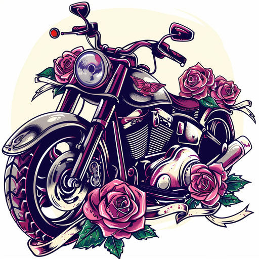 Old school motorcycle tattoo design with classic elements like roses and ribbons, on white background