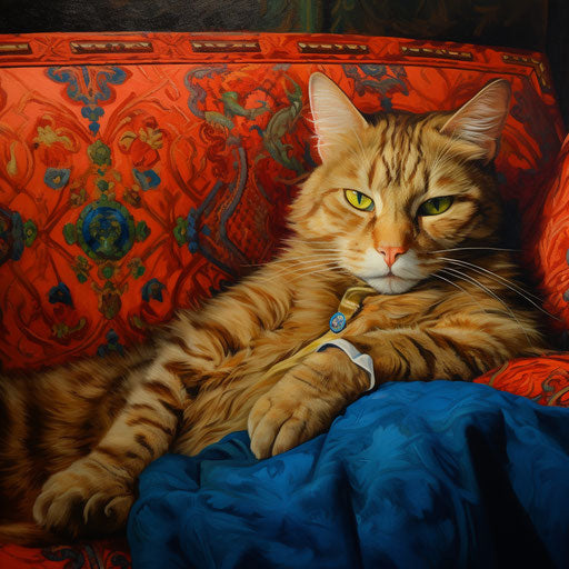 Louis Wain's cat sleeping on a couch with its owner