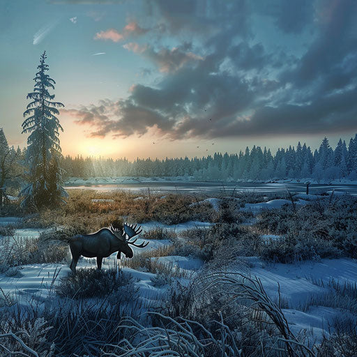 A moose moving silently through a snowy meadow at dawn
