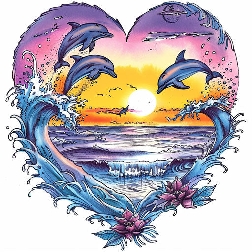Heart-shaped sunset with dolphins jumping on beach