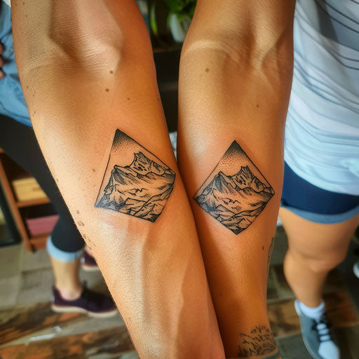 Matching sister tattoos of minimalist mountains