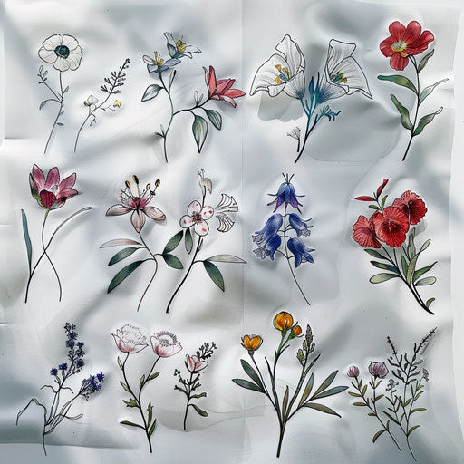 Collection of wildflower tattoos in Art Nouveau style