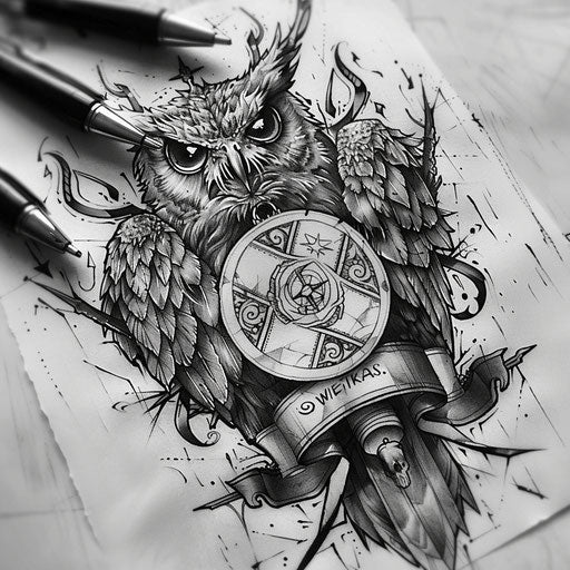 Flat tattoo sketch of a sigil for wisdom with owl and scrolls