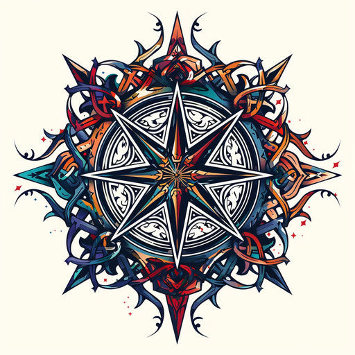A beautiful clipart style flat tattoo sketch of a Viking compass with vibrant colors and intricate Nordic patterns