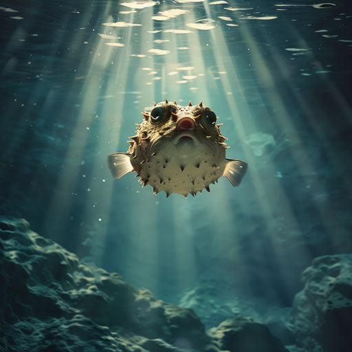 Puffer fish in a calm sea with sunlight rays shining through the water