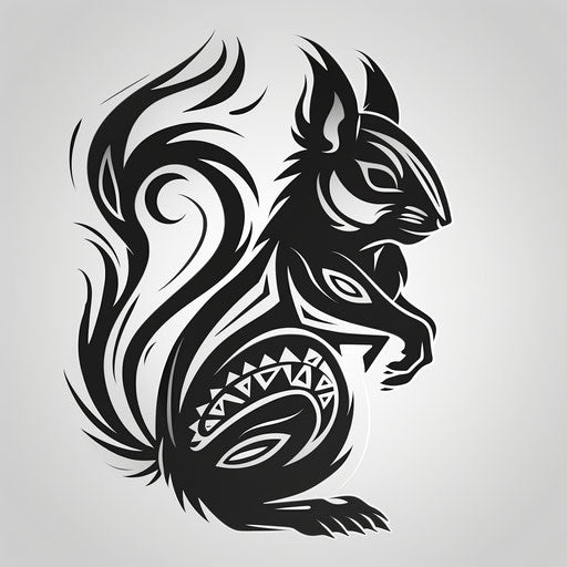 Stylized flat tattoo sketch of a squirrel with bold tribal markings