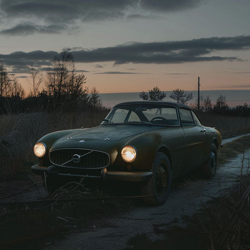 1966 Military-themed Volvo P1800, matte green paint and mounted spotlight, at deserted airfield.