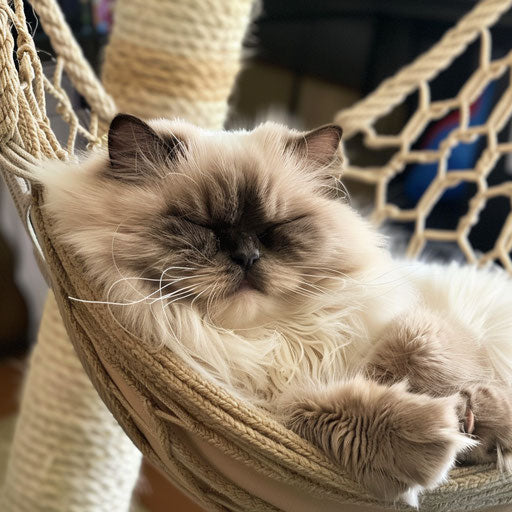 Himalayan cat lounging in a hammock with a cute sleepy face