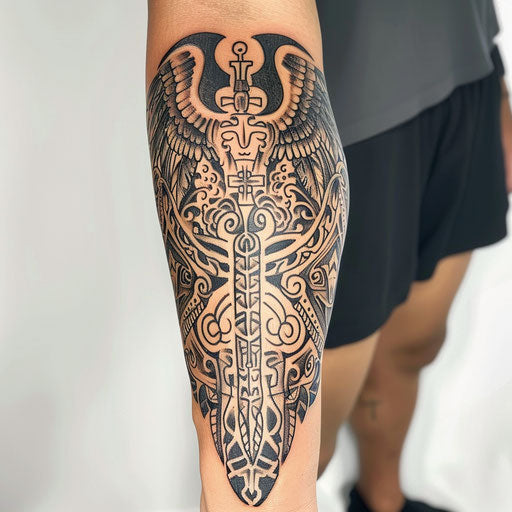 Polynesian-inspired tattoo of Saint Michael, tribal motifs