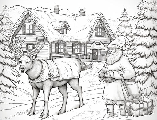 Santa Claus coloring page with reindeer, contrasting style, animal depictions