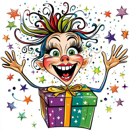 Humorous caricature of a gift caricature clipart with human characteristics, exaggerated long eyelashes, expressive hands, surrounded by stars, vibrant colors, cartoon style, waving, high-resolution, no background, isolated –c 40