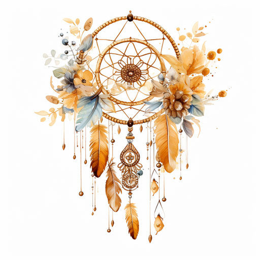 Dream catcher framed in gold floral ornaments on white background