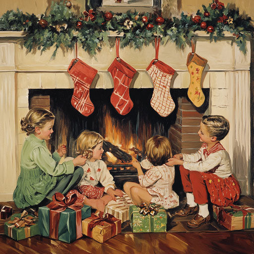 1930s Christmas morning, children opening stockings on the mantelpiece, joyous expressions