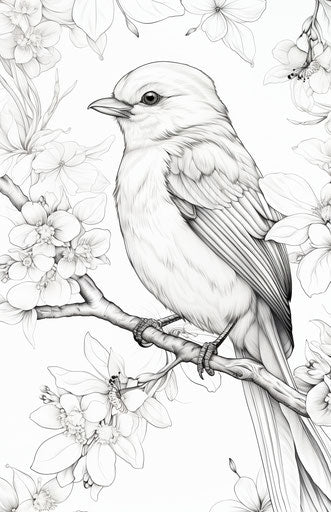 Bird on branch coloring page, illustrative pen and ink style