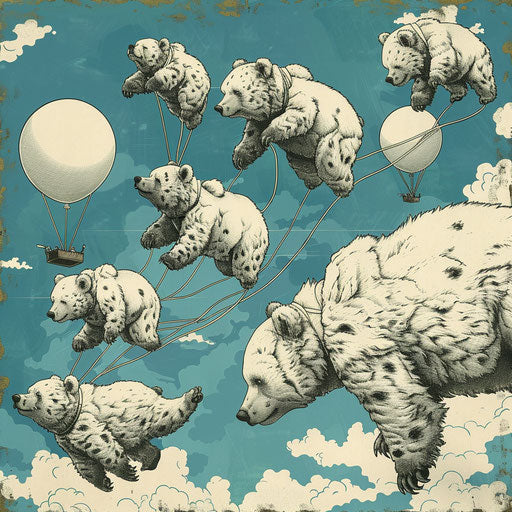 Bears floating in the sky on balloons