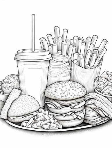Fast food coloring page, in the style of Jim Lively