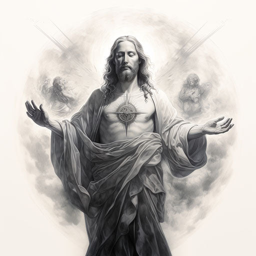 A black and white image of Jesus with an aura, classic tattoo style