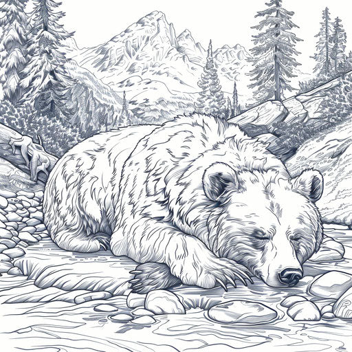 Brown bear resting by a mountain stream