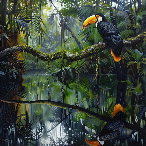 Toucan resting on a gnarled branch over a quiet lagoon
