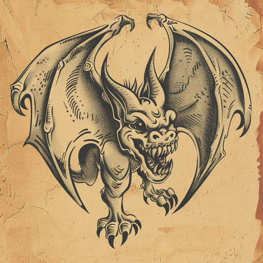 Vintage clipart of gargoyle tattoo in sepia tones