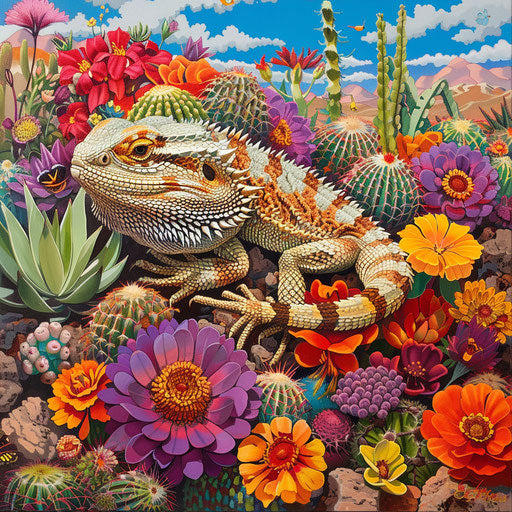 Bearded dragon blending in vibrant desert flowers