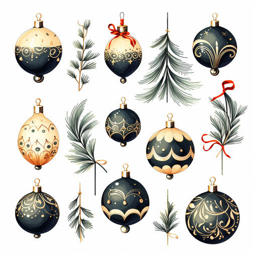 Christmas decorations clipart in the style of Chiaroscuro Art, on a white background