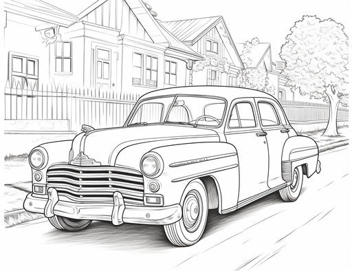 Vintage car coloring page, in the style of creased nostalgic yearning 31:24