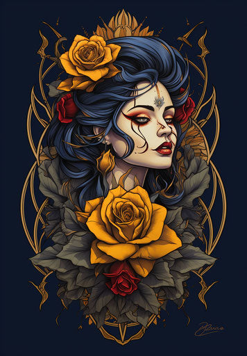 Oldschool tattoo design woman roses thorns style amber blue