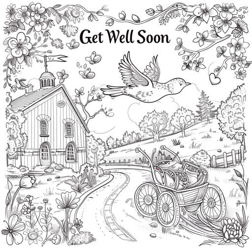 Flying bird delivering a 'Get Well Soon' card. Coloring page